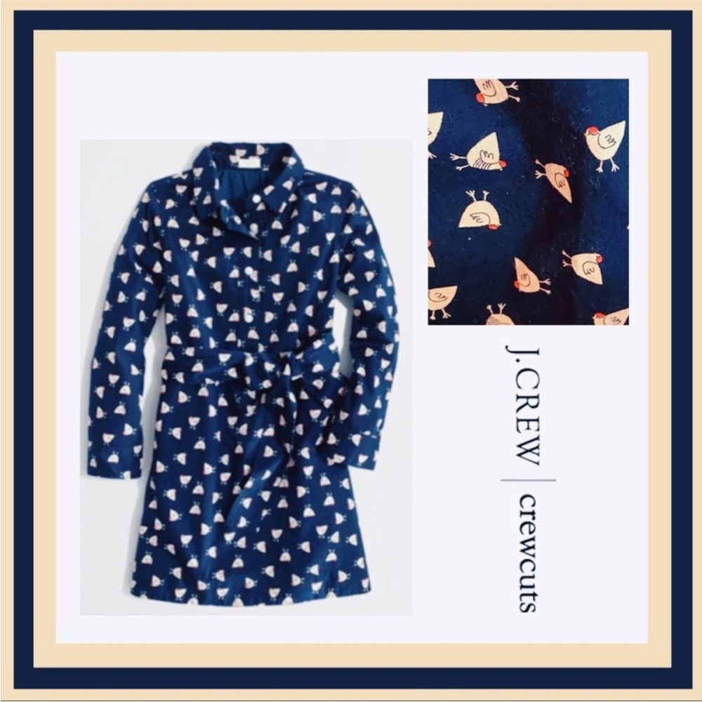 J.Crew Crewcuts Girls Navy‎ Blue Chicken Print Long Sleeve Shirt Dress